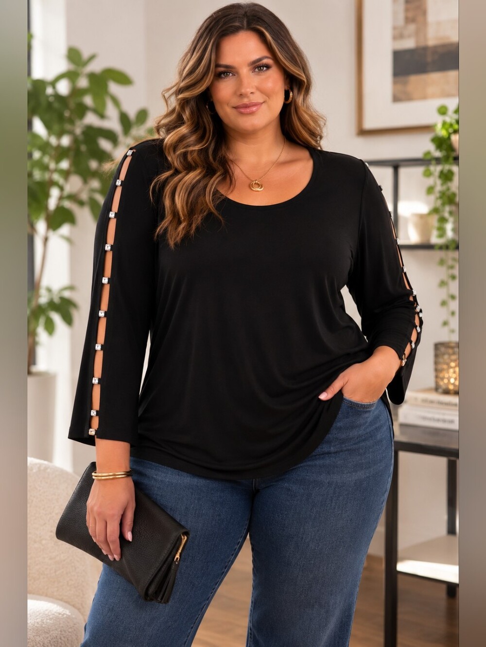 Cable & Gauge Black Long Sleeve Top with Embellishments